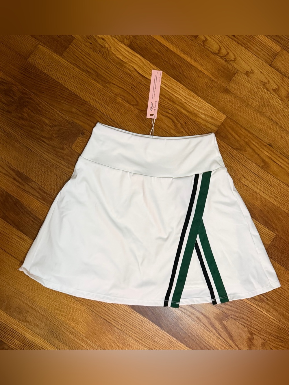 White Athletic Skort with Green & Black Stripe Detail